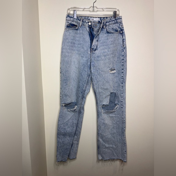 Zara Blue Denim Straight Leg Distressed High Rise Cropped Jeans - Picture 2 of 7
